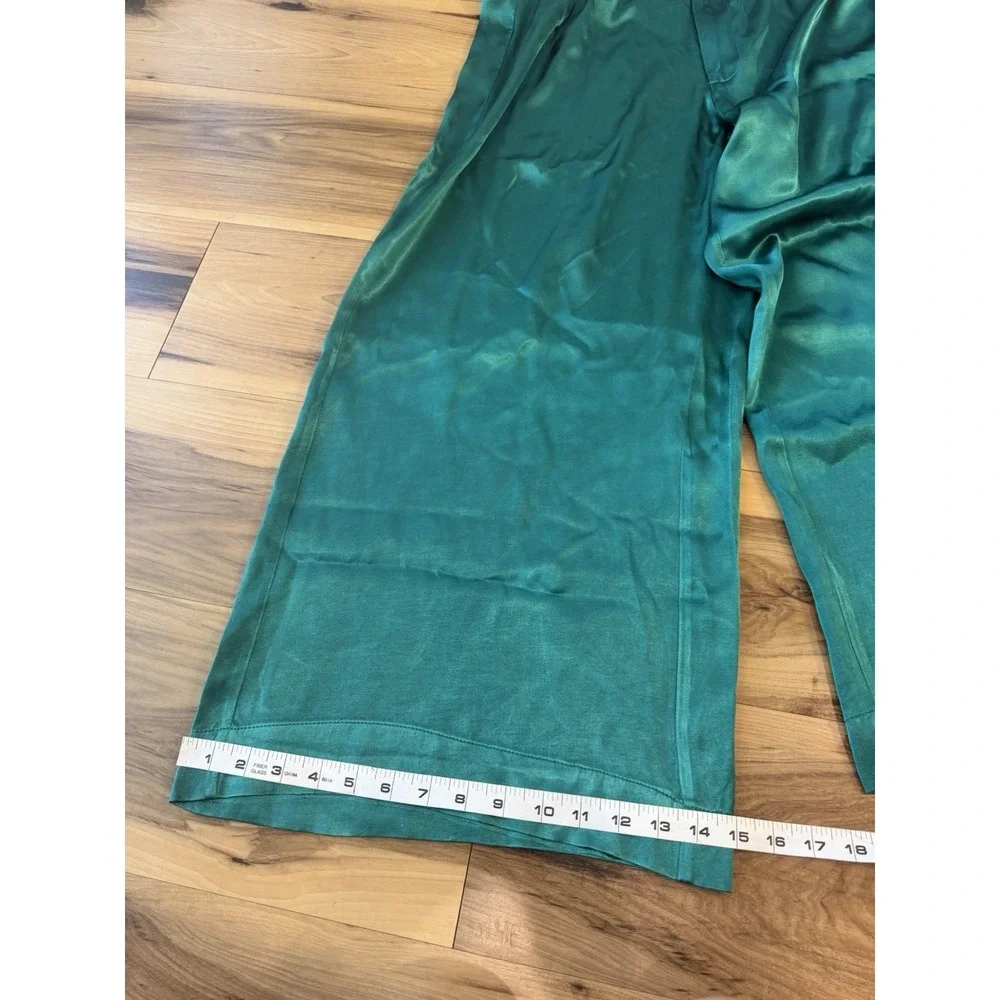 💚Free People Satin Palazzo Pants L Emerald Green Wide Leg High Rise Viscose